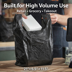 Black T-Shirt Plastic Grocery Bags 0.67 Mil 21×6.5×11.5 1/6 Large Shopping Bulk