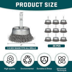 20 Pcs Wire Cup Brush for Drill Abrasive 2″ Wire Wheel Brush 1/4 Inch Hex Shank,