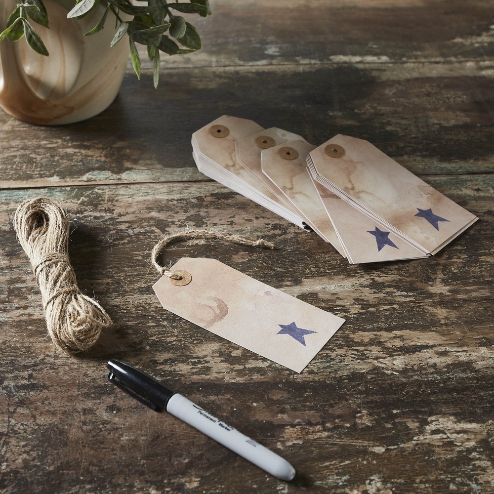 Primitive Star Paper Tag Navy 4.75×2.25 w/ Twine Set of 50 VHC Brands