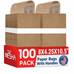 MESHA Brown Paper Bags with Handles, 100 Pack, 8 1 count (Pack of 100), Kraft