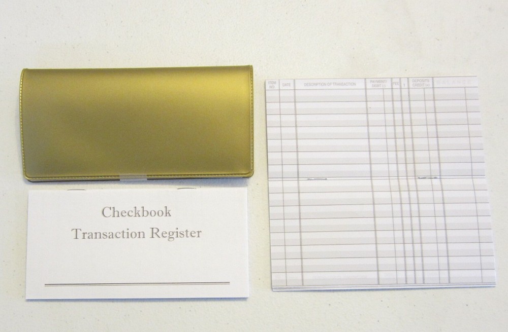 1 NEW GOLD VINYL CHECK BOOK COVER & 6 NEW CHECKBOOK TRANSACTION REGISTERS