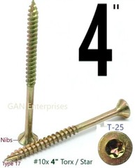 Torx 1-1/4 to 4″ Star Flat Head with nibs Yellow Zinc Type 17 Outdoor Wood Screw