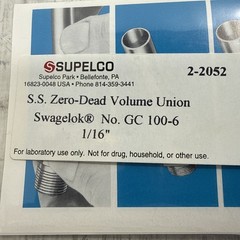 NEW Supelco 2-2052 1/16” S.S Zero Dead Volume Union Swagelok No. GC 100-6 NIB