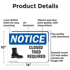 (2 Pack) Closed Toed Shoes Required OSHA Notice Sign Decal Metal Plastic