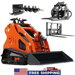 24HP Mini Skid Steer Tracked Loader 3-Pumps 2-Cylinder Gas Engine +3 Attachments