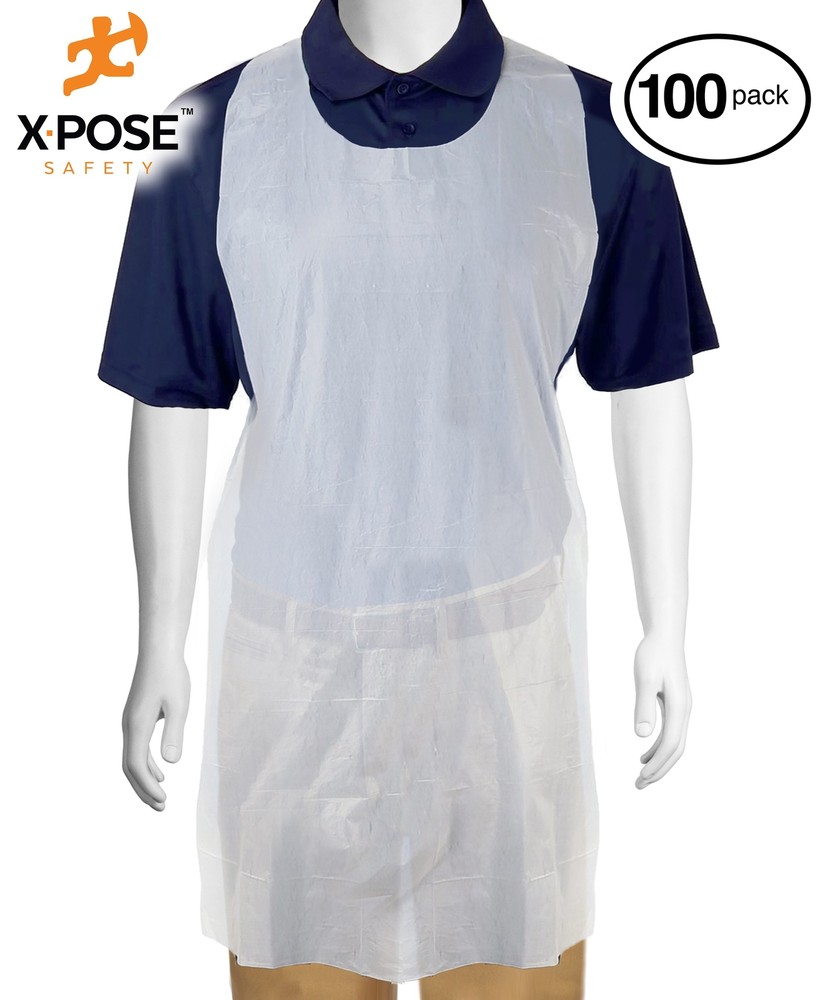 100 Disposable White Plastic/Poly Aprons Full Bib Embossed 24″ x 42″ Single Use