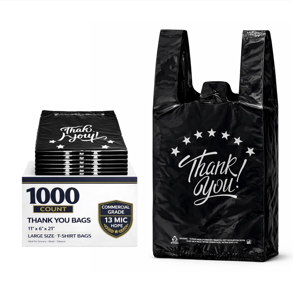YoYoRain 1000 Count Black “Thank You” T-Shirt Bags – Reusable & Disposable Groce