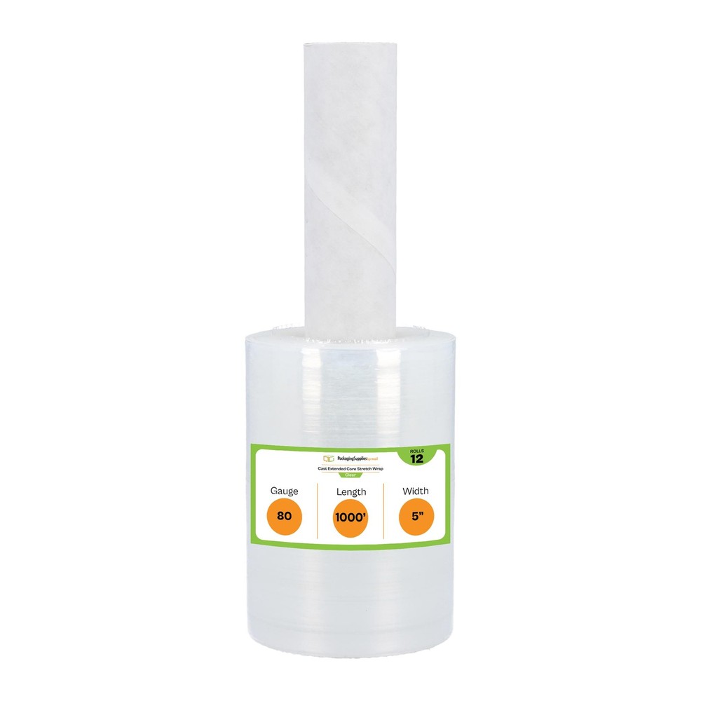 Clear Mini Stretch Shrink Wrap, 12 Rolls, 5″x1000′, 80 Ga, Pre-Attached Handles