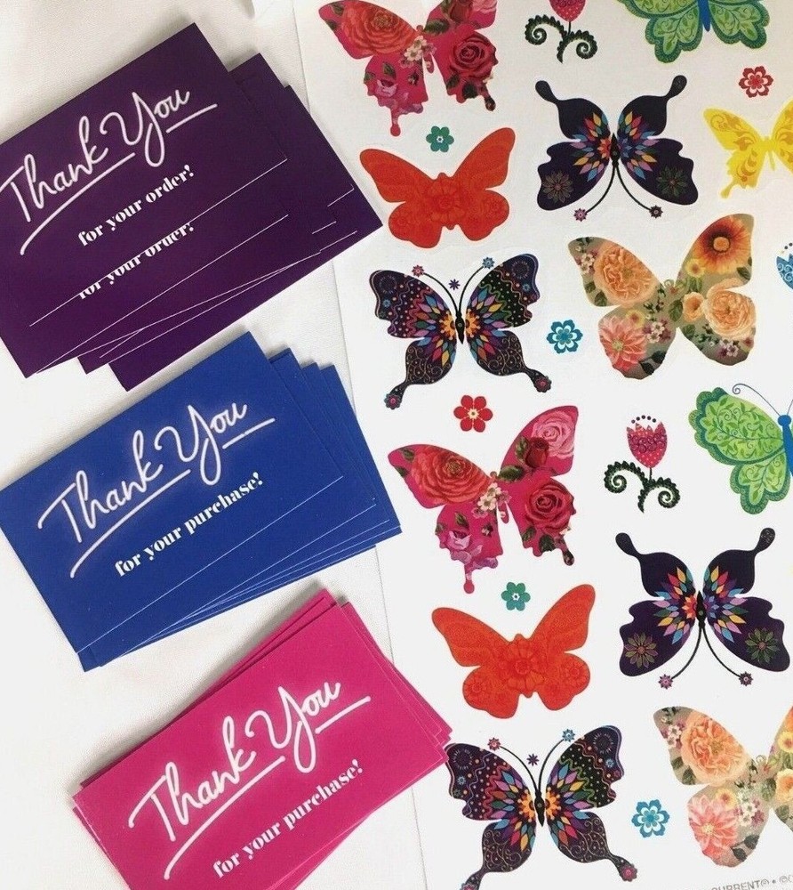 144x Business Thank You Cards Small Business, Butterfly Stickers Variety Pkg