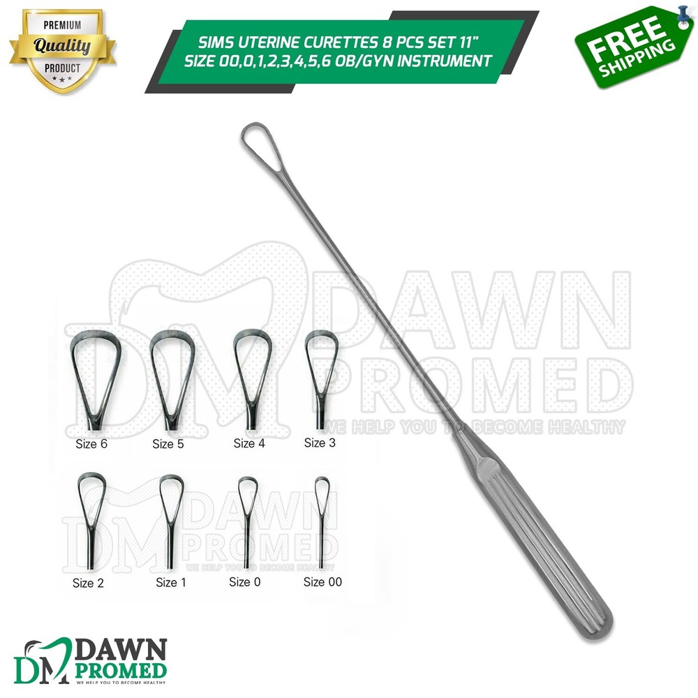 Sims Uterine Curettes 8 Pcs Set 11″ Sharp Blade 00,0,1,2,3,4,5,6 Inst German Gr