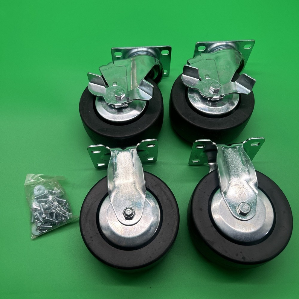 NEW Black Rubber and Steel Swivel 4-PCS & HARDWARE! Caster Kit 5” Wheel 4*3 Base