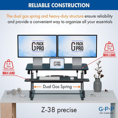 38″ Wide Adjustable Sit-to-Stand Desk Converter for Dual Monitors – Black